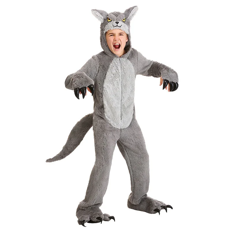 Disfraz de lobo gris grande para niños, conjuntos de monos de animales, una pieza, pijamas de animales, trajes de fiesta, Cosplay de Halloween