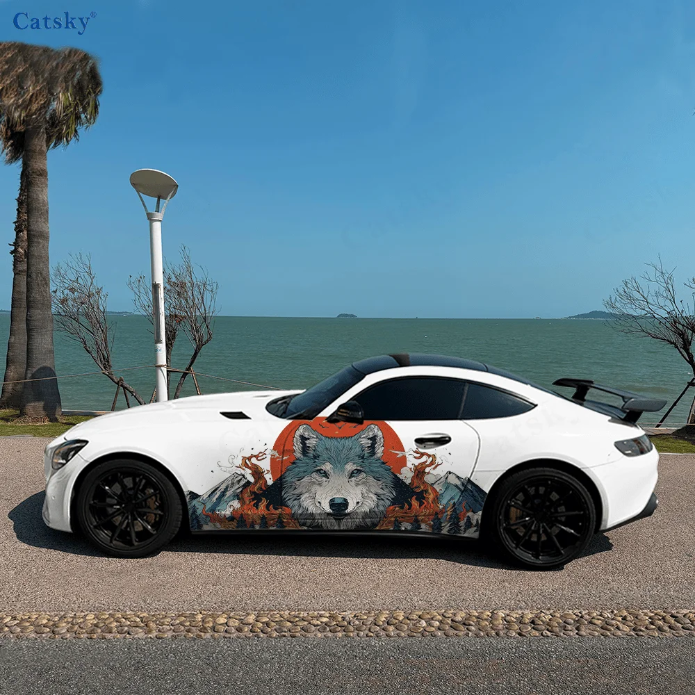 

Wolf Mountain Forest Red Sun Car Vinyl Wraps Decal Self-adhesive PVC Sticker Suitable for Trucks SUV Decor Auto Accessories Gift