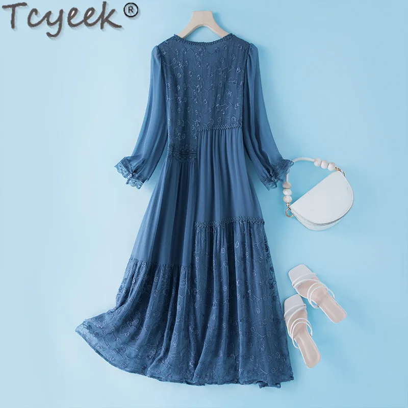 Tcyeek Spring Summer Dress 100% Mulberry Silk Elegant Dresses for Women High-end Real Silk Midi Dress Womens Clothing New Style