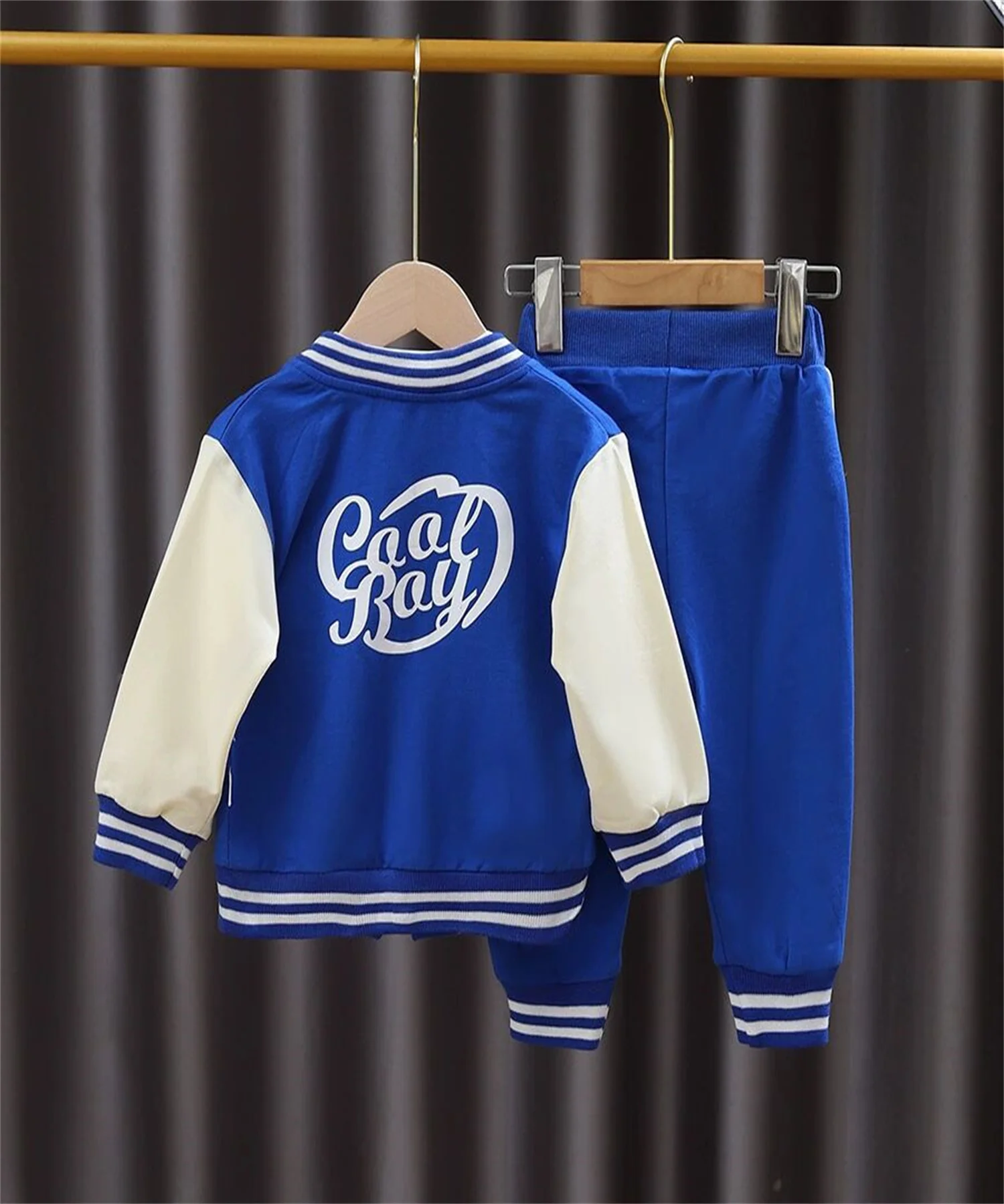 Toddler Boys 3Pcs Color Block Varsity Tracksuit Letter Print Button Baseball Jacket White Tee Striped Cuff Jogger Pants Kids Set