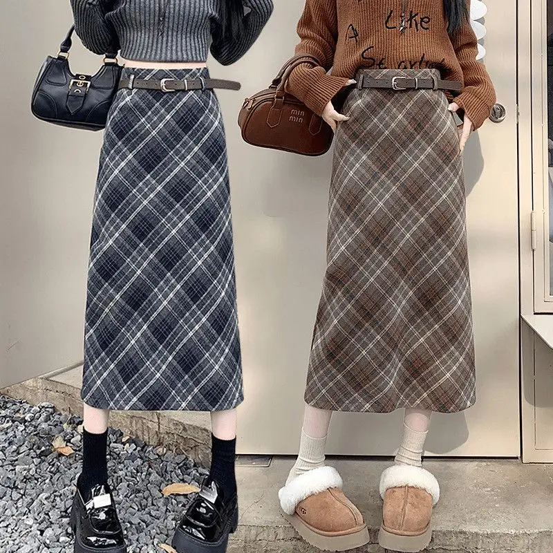 Frauen Herbst Winter Vintage Geometrische Woolen Tuch Hohe Taille Rock Frauen Kleidung Einfachheit Büro Dame Alle-spiel A-linie Rock