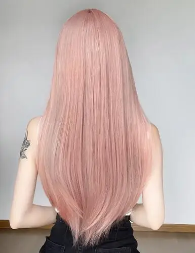 Rose pink wig female synthetic long hair natural air bangs long straight hair fashion jk suitable for female cosplay party