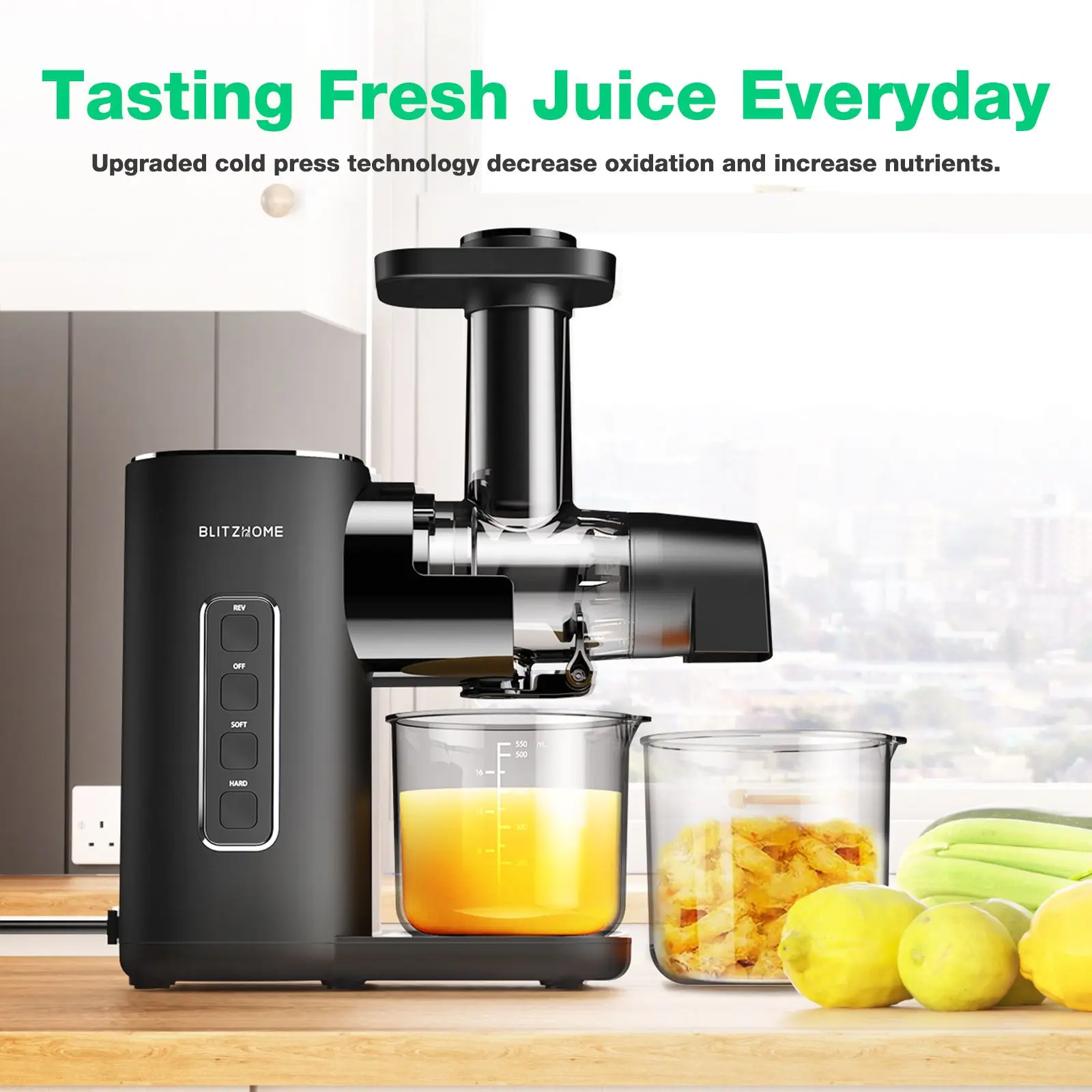 Blitzhome 150W Cold Press Juicer Machines 2-Speed Modes Slow Masticating Juicer for Vegetable and Fruit Quiet Home Appliances