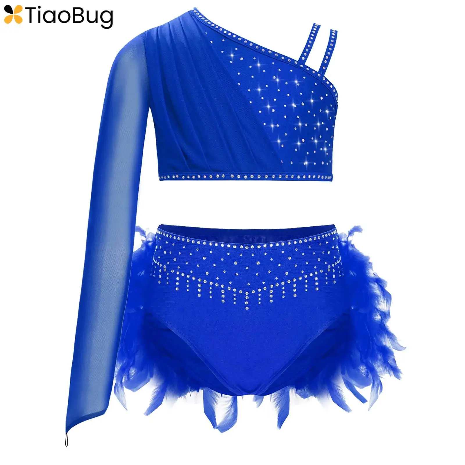

Kids Girls Ballet Lyrical Dance Outfit Sheer Mesh Long Sleeve One Shoulder Sparkly Rhinestones Crop Top+Feather Brief Bottoms