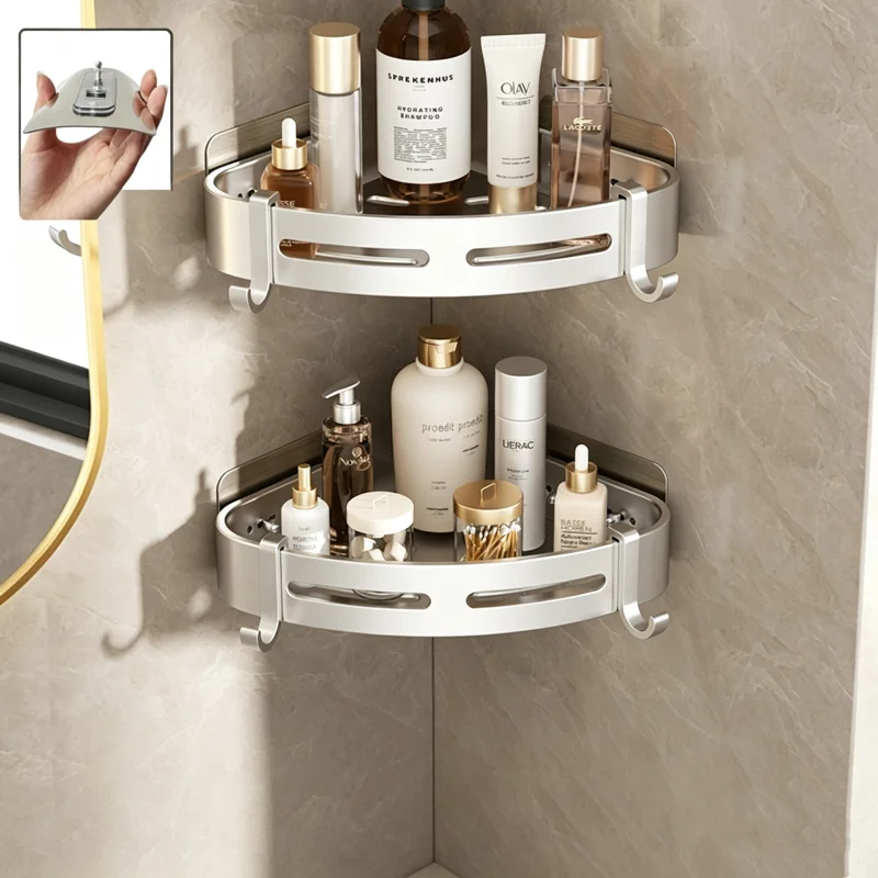 2 Stück Wandmontierte Duschablage mit Haken Ohne Bohren Aluminium Eckregal Shampoo Make-up Halter Badezimmer Aufbewahrungsorganizer