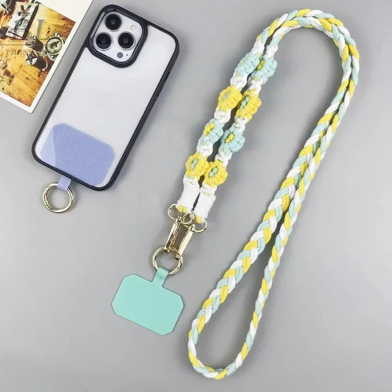 125CM Weave Flowers Phone Lanyard Charm Pendant with Patch CellPhone Hanging Rope Jewelry Girl Birthday Universal Neckband Strap