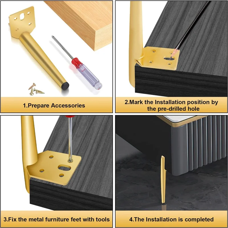-FTGT 4 قطع أرجل طاولة معدنية ذهبية الحمولة القصوى 600 كجم أرجل قطع الأثاث أريكة خزانة القدم قدم ذهبي #3