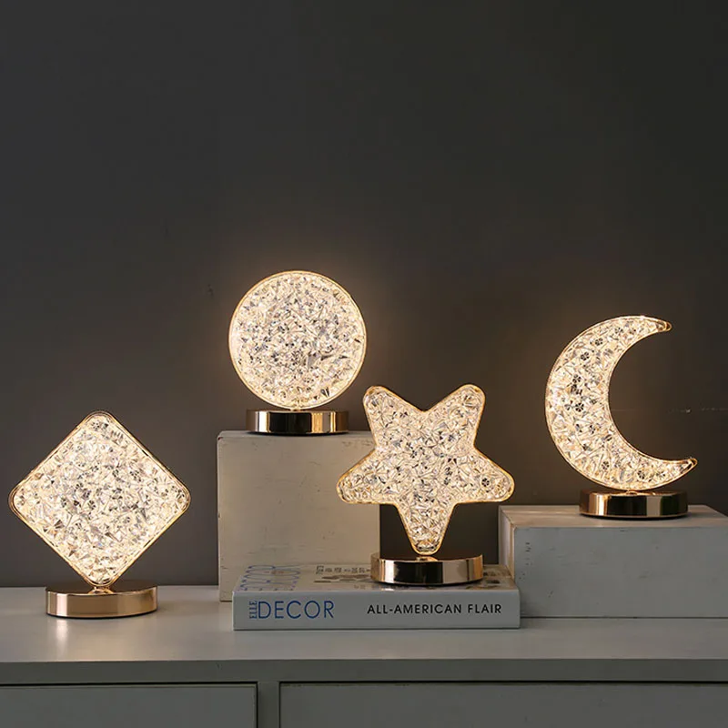 

LED Crystal Lamp Moon Star 3 Colors Table Light Touch Dimming Bedside Ledlamp Romantic Diamond Rechargeable Atmosphere USB Decor