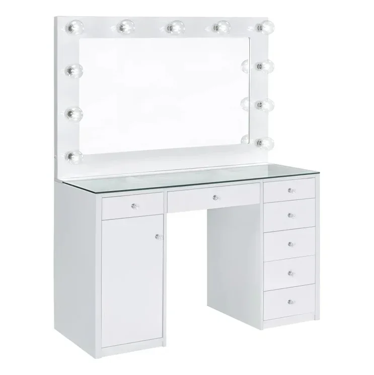 

# 7-Drawer Makeup Vanity Table With LED Hollywood Mirror Lighting Crystal Acrylic Knob Handle Glass Top Dressing Table #