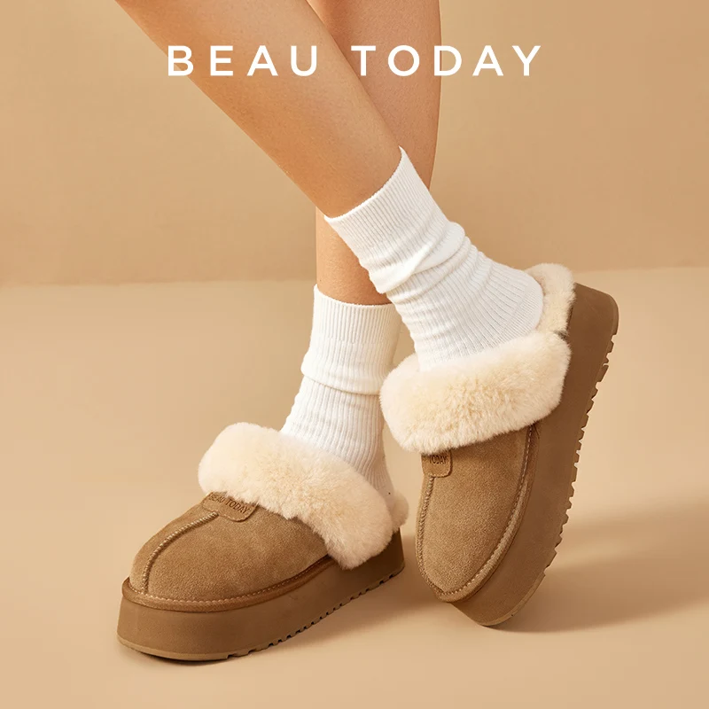 BEAUTODAY Winter Slippers Women Cow Suede Slingback Untral Mini Platform Plush Back Strap Wool Snow Shoes Ladies Handmade 37068