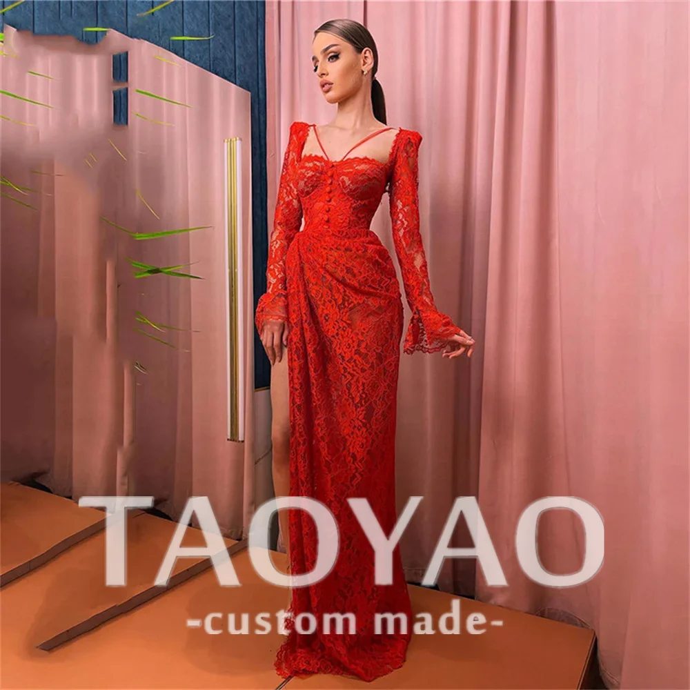 Red Lace Special Occasion Full Sleeves Dress Side Split Mermaid Formal Gown Button Long Evening Dresses vestidos de fiesta