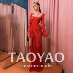 Red Lace Special Occasion Full Sleeves Dress Side Split Mermaid Formal Gown Button Long Evening Dresses vestidos de fiesta