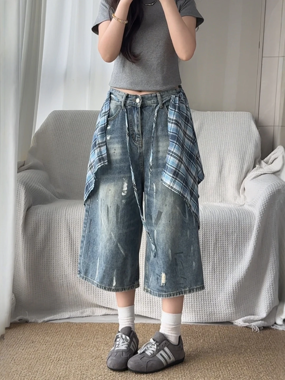 

plus Size American Retro Denim Shorts Women's High Waist Wide Leg Jeans Summer Slimming Pear Shape Seven-Foot Pants