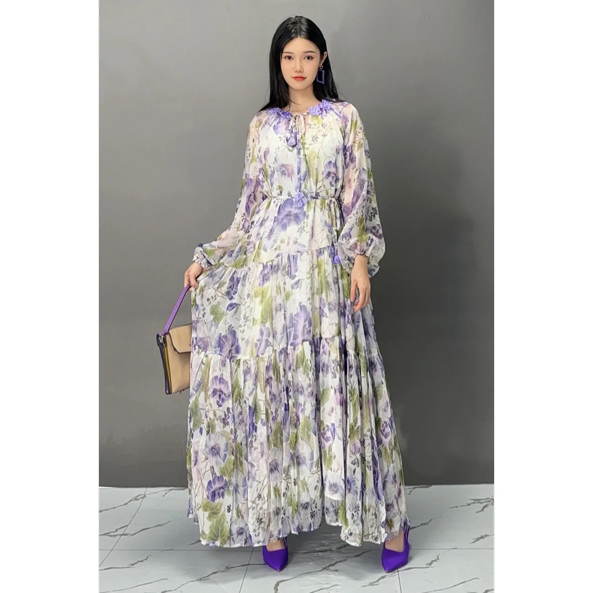 Vefadisa 2024 Autumn New Purple Printed Dress With Long Sleeves Lace-up Decorative For Temperament Elegant Fashion Dress ZXY962A