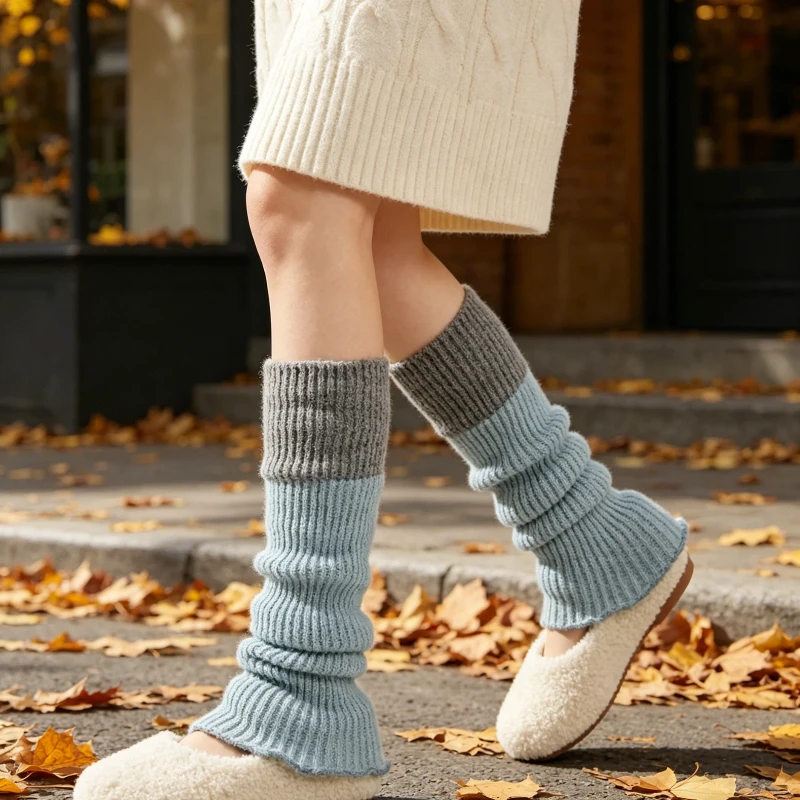 Two-Tone Color Block Over-the-Knee Leg Warmers for Lovely Girls 3-12 Years Wool Warm Slouchy Long Design Soft Winter Boot Cuffs