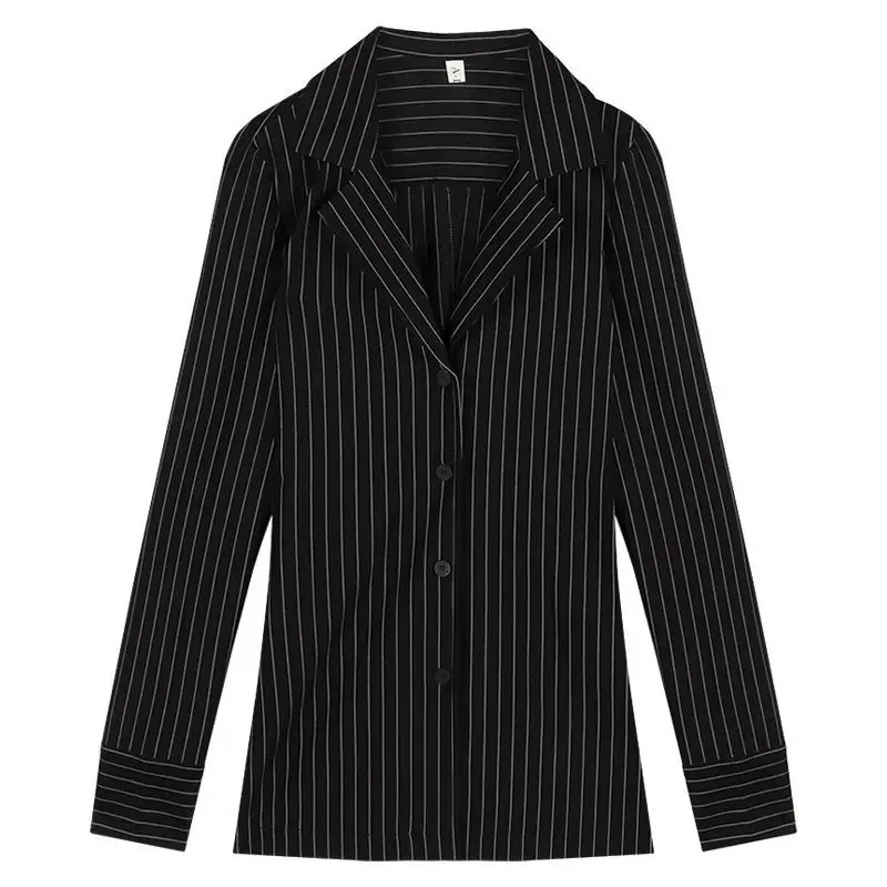 Black Striped Blouses Women Korean Sexy V-Neck Slim Shirts Office Lady Fashion Elegant Long Sleeve Tunics Casual Tops New