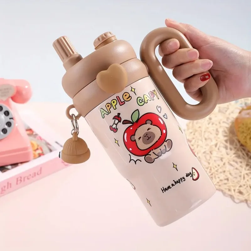 

850ML Cartoon Cute Thermal Water Bottle With Straw Handle Large Capacity Student and Children Double Drinking Tumbler Coffee Cup