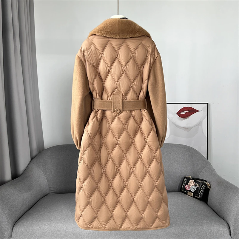 Aorice Women Luxury Winter Wool Jacket Down Coat Femal Mink Fur Collar Coats Lady Long Over Size Parka Trench CT2154