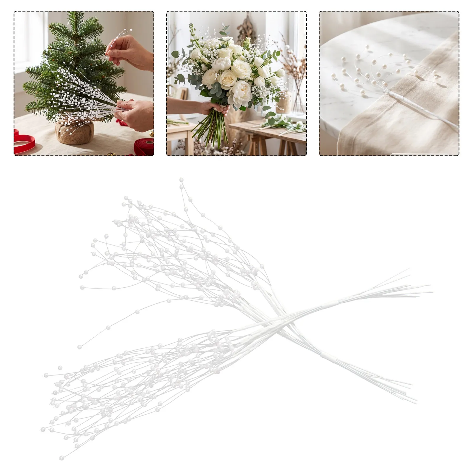 50Pcs Pearl Bead String Decor White Faux Pearl Beaded Stems Wedding Bouquet Floral Arrangement Filler Stems Bead String Garland