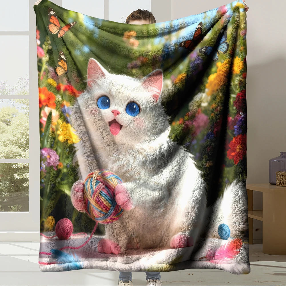 Weiche Flanell-Fleece-Decke mit süßer Katze, Digitaldruck, superwarm, gemütlich, Überwurfdecke für Bett, Couch, Sofa, Heimdekoration, Geschenk (Katze 09)
