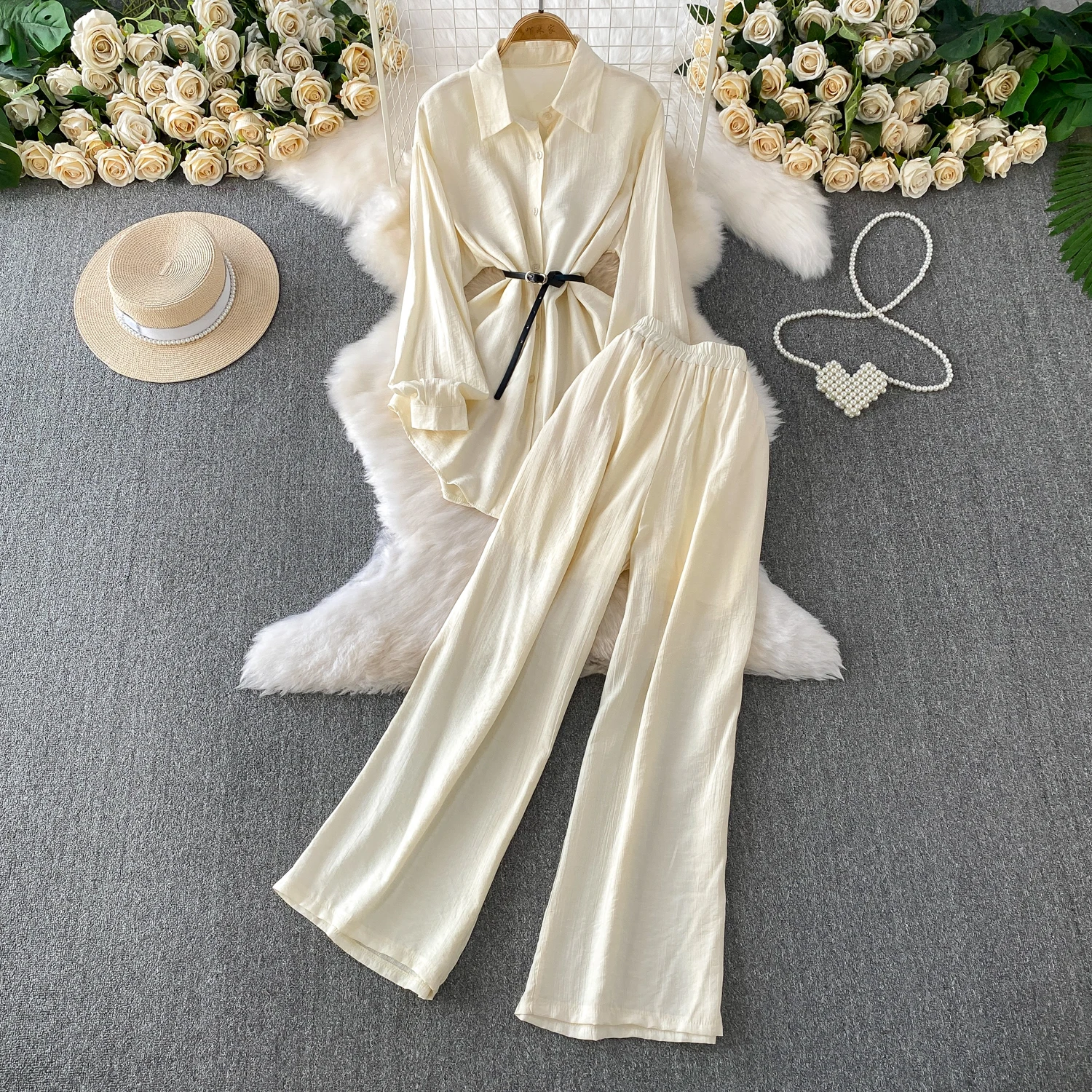 

Нежный стиль, женские комплекты брюк, однобортная свободная рубашка с воротником с лацканами + широкие брюки, новинка 2025, летний осенний женский костюм из двух предметов