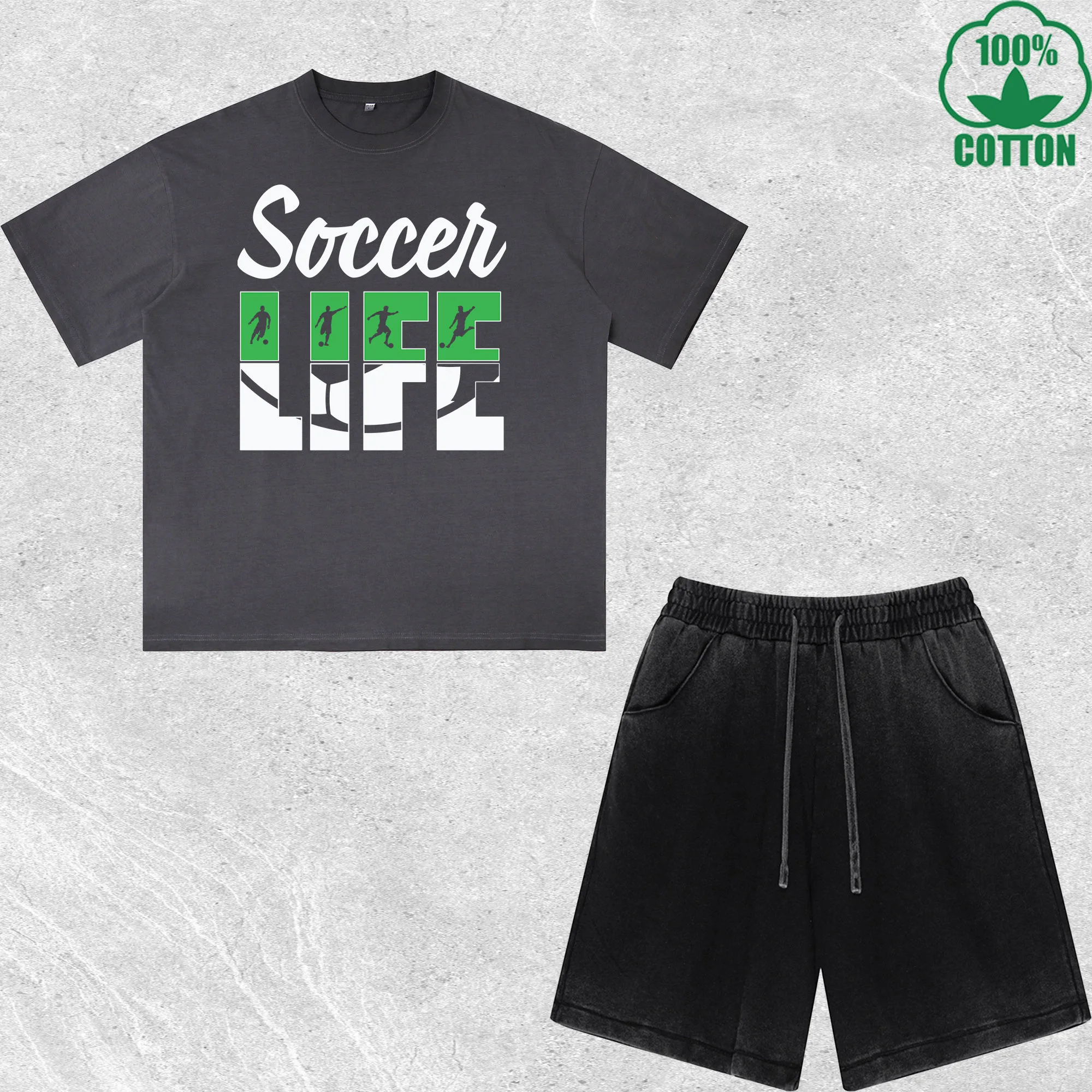 

Soccer Life Printed Dirty Wash T-Shirt Shorts Set Combo Loose Trendy Fashionable 100%Cotton Black Suit