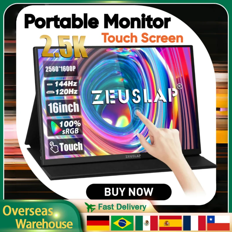 

ZEUSLAP 16" 2.5K 144hz Touch Screen Portable Monitor Travel Display 2560*1600 100%sRGB 500Cd/m² For Laptop Computer Game Gift