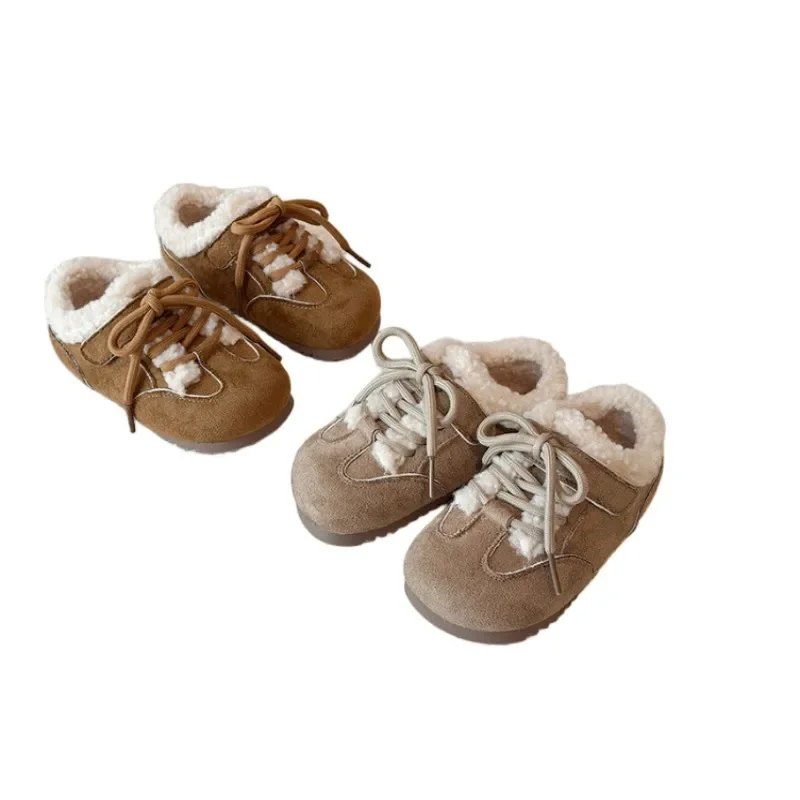 

Winter New Kids Solid Color Casual Cotton Shoes Boys Girls Anti Fleece Leather Thickened Warm Fashion Sports Shoes 23-34