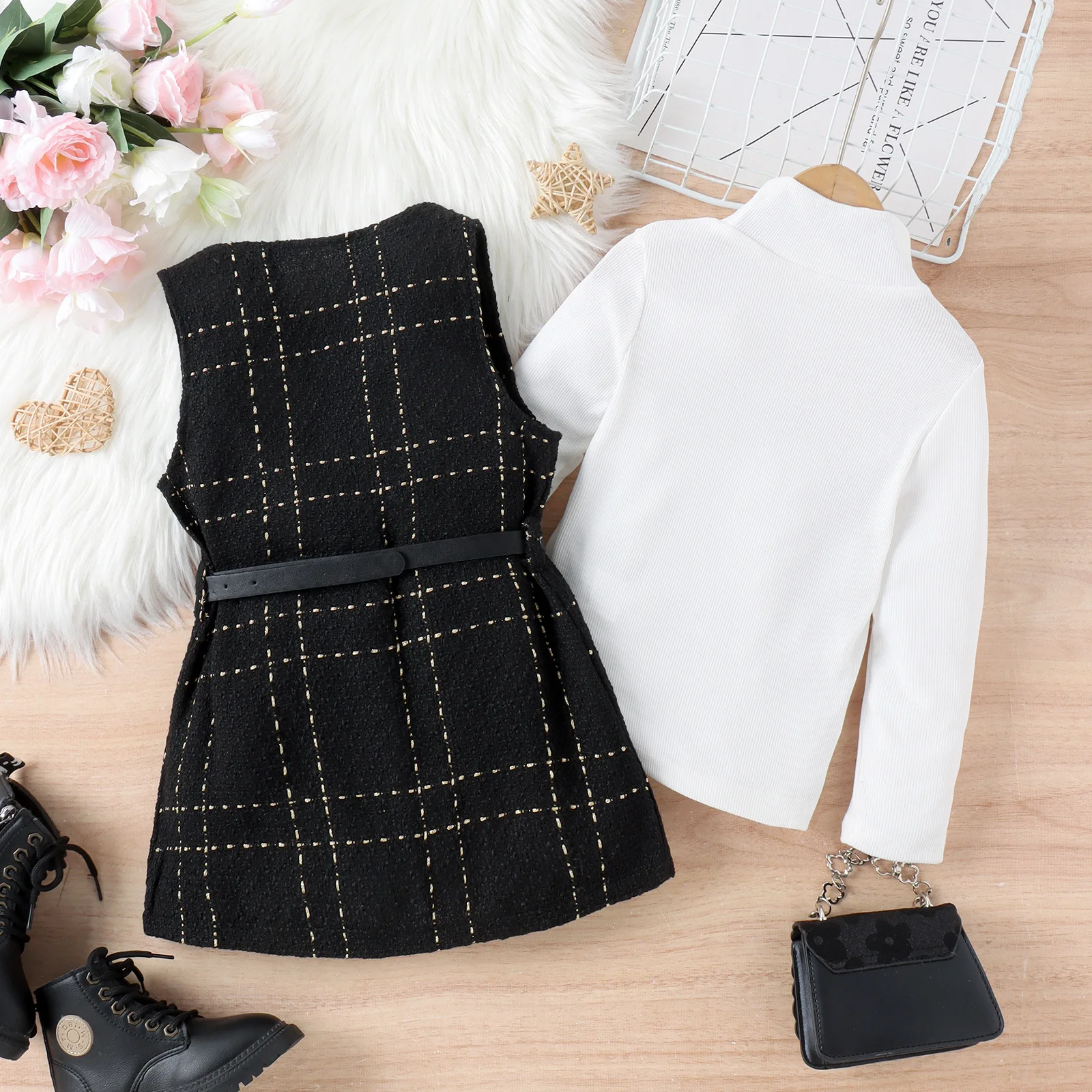 مزاجه أبيض وأسود الأطفال فستان فتاة البدلة المطرزة سترة البدلة عالية الرقبة طويلة الأكمام حزام أسود ثلاث قطع طقم أطفال #2