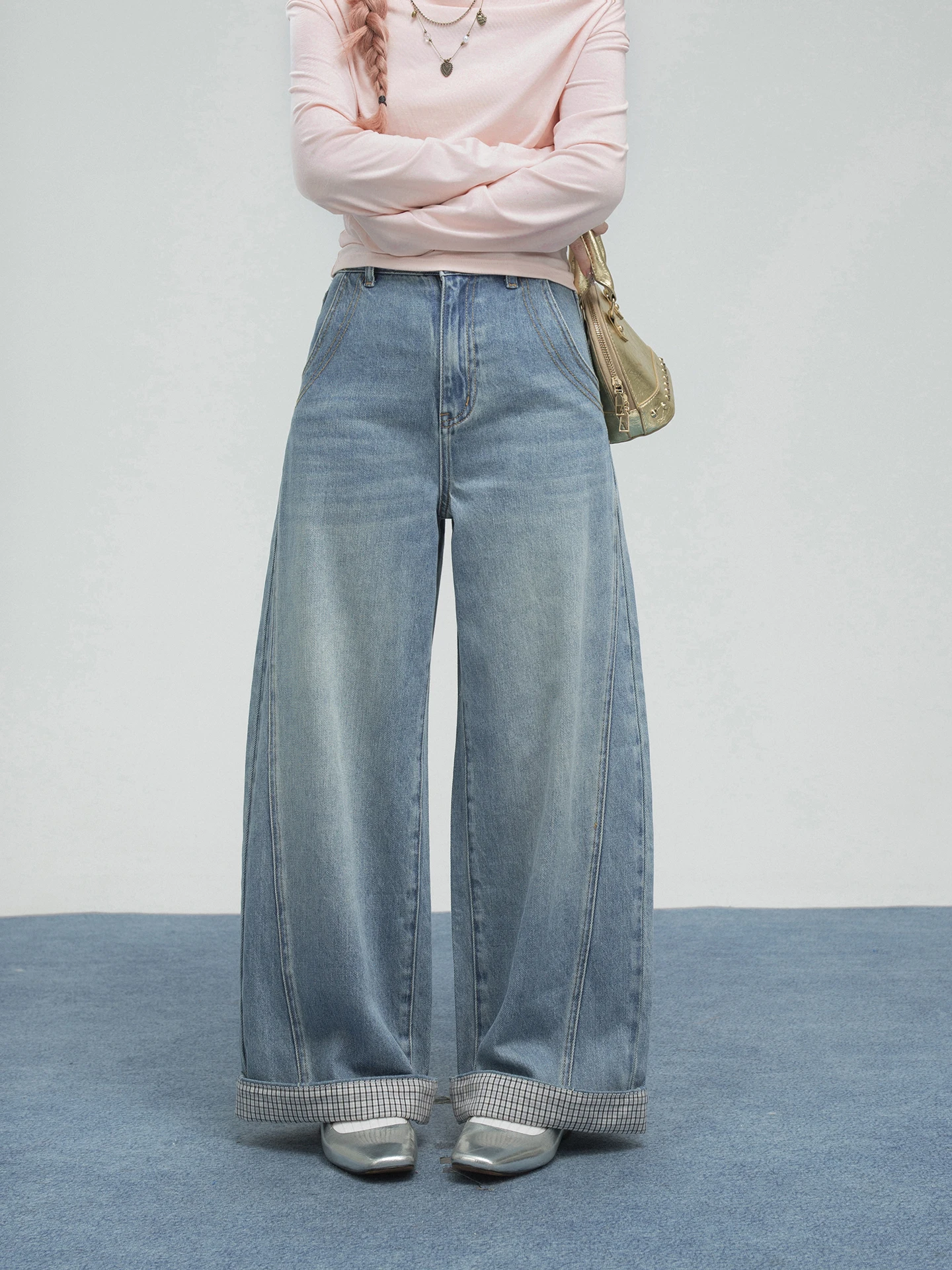 

Свободные широкие джинсы Oneofuuu с клетчатыми вставками, повседневные, хлопковые, женские, весна-лето, неэластичные, синие