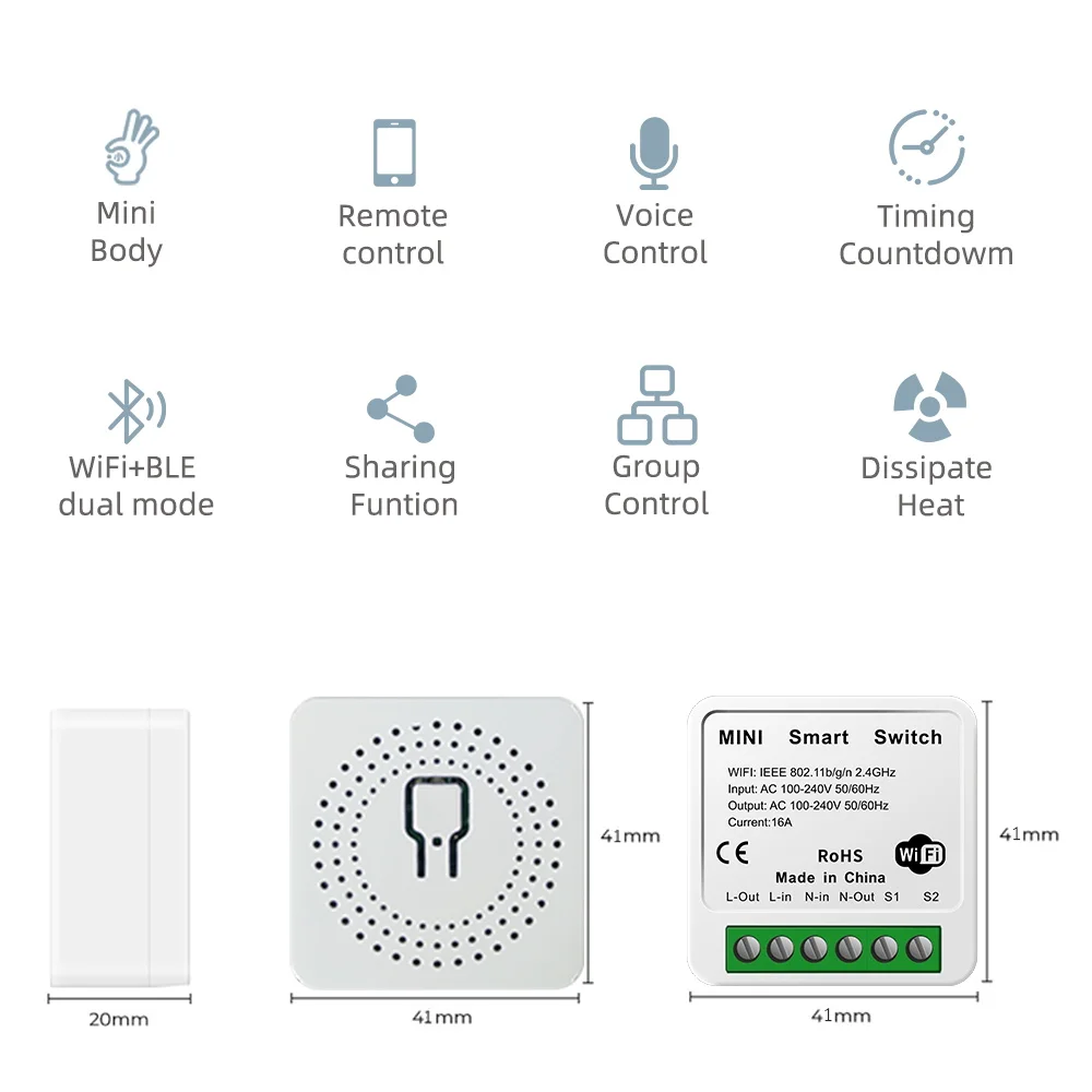 Tuya WiFi Smart Switch 16A Mini DIY Timer Power Switch Bidirectional Remote Control Alexa Domotica Google