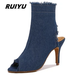 Latin Dance Shoes Salsa Ballroom Party Fine High Heel Shoes Large Size Women's Shoes Denim Sandals Summer High Top Dance Boots