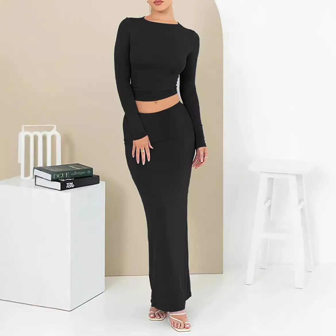 

2025 Elegant Solid Color Women Two-piece Round Neck Long Sleeve Navel Top High Waist Long Skirt Fashionable Casual Matching Set
