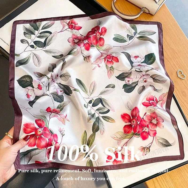 

Elegant 53x53cm Square 100% Mulberry Silk Scarf Women Neck Scarf Luxury Print Hair Bandana Head Scarf Foulard Female Shawl Wrap