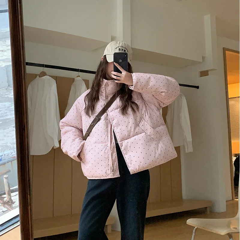 

Новинка 2025 года, корейская зимняя одежда с воротником-стойкой в горошек, женская пуховая хлопковая куртка, пальто, короткая хлопковая стеганая куртка, женская верхняя одежда