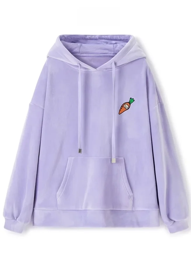 Felpa con cappuccio ricamata con orecchie di coniglio in velluto da donna Thi Quali Long Sve Sweet Sle Fibra di poliestere Casual Streetwear