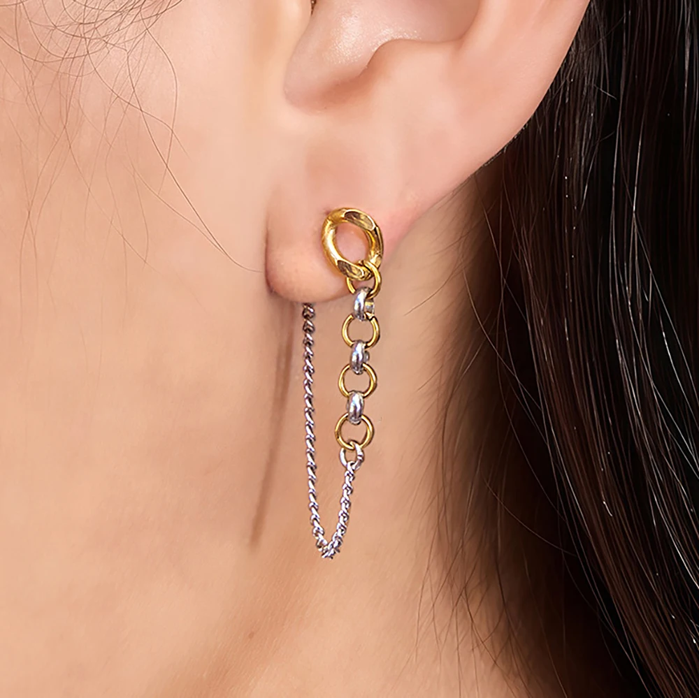 

YHTOT Minimalist 18K Gold Color Plated Stainless Steel Two Tone Chain Earrings Women's Jewelry aretes para mujer ﻿