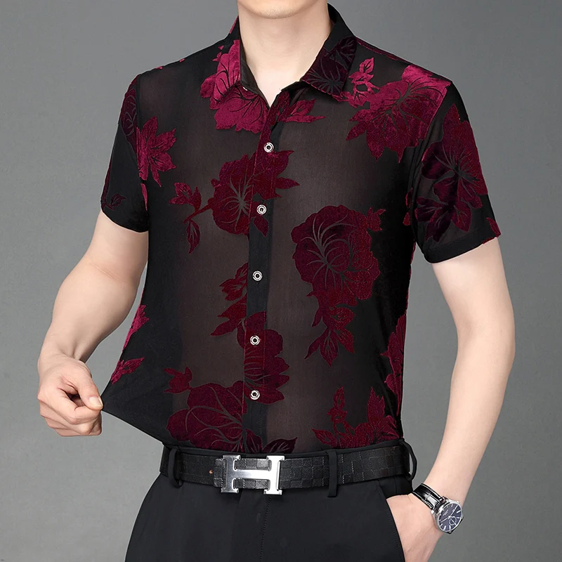 

Floral Flocking Elastic Hollow Shirts For Men Short Sleeve Casual Summer Quality Velvet Comfortable Breathable Camisas De Hombre