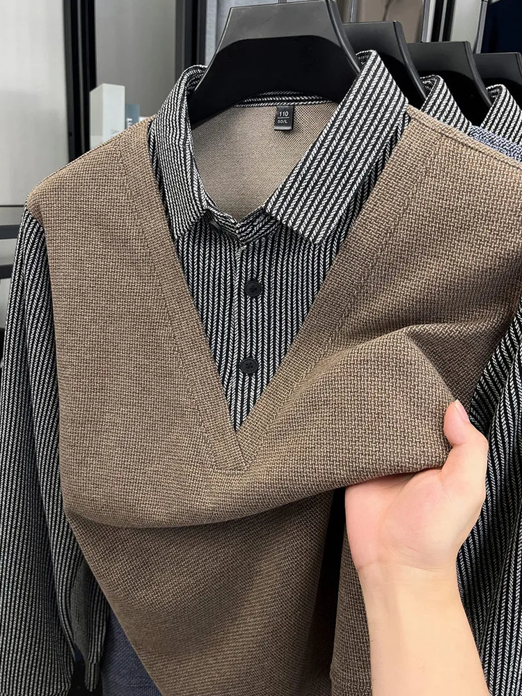 

Men's Casual Striped irt Collar Knitwear Trendy False Two-Piece Busin Sle Autumn Season Polyester Blend Long Sve