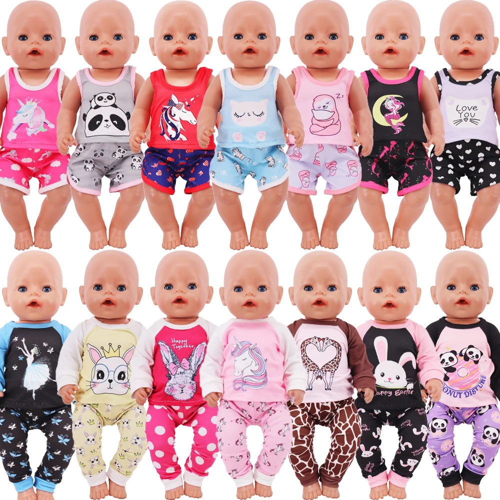 2Pcs/Set Tank Shorts Pajamas Cute Cartoon Print for 18inch Girl American & 43cm Baby New Born Doll,Our Generation Baby Girl' Toy