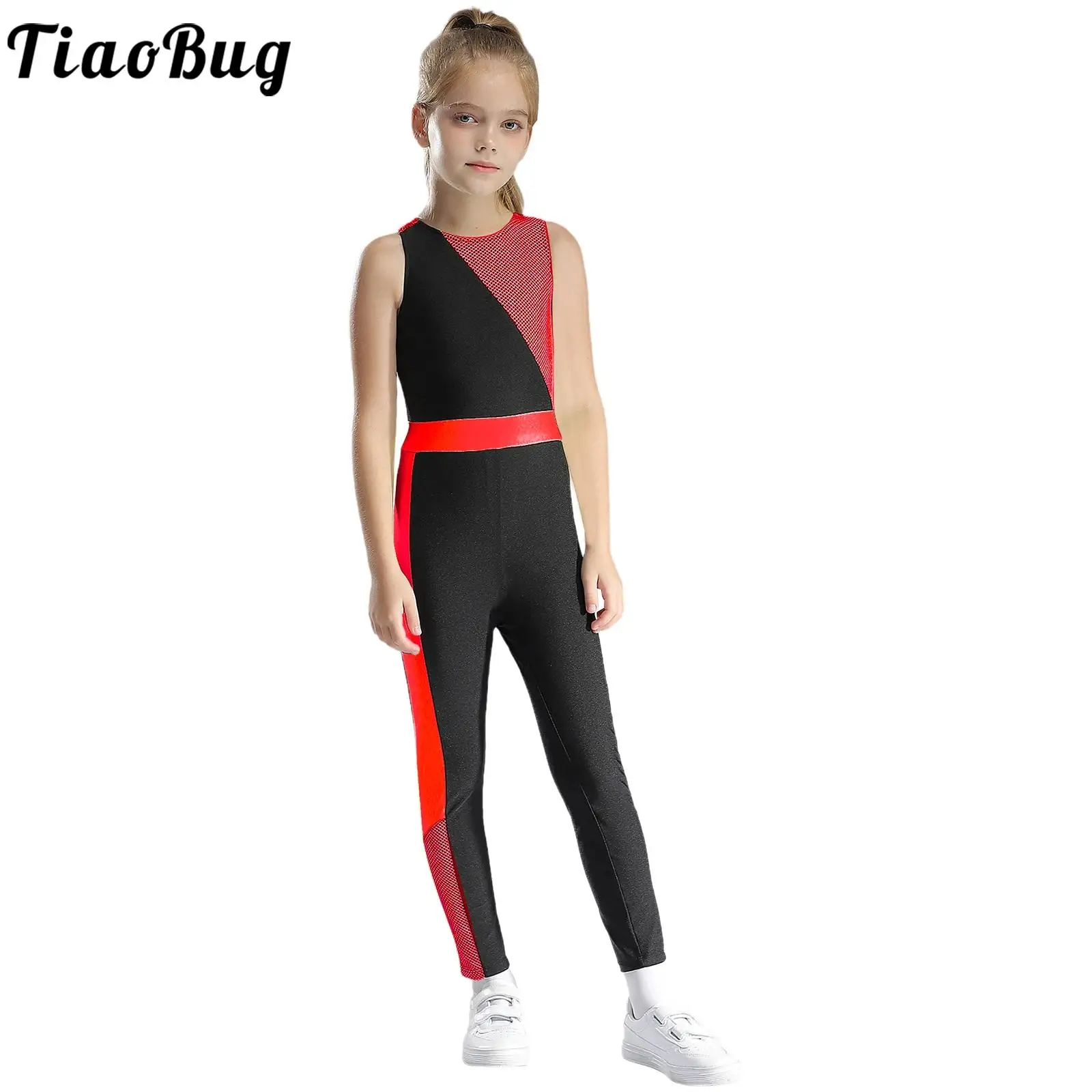 

Kids Girls Rhythmic Gymnastics Color Block Patchwork Leotard Stylish Sleeveless Cross Back Bodysuit for Yoga Workout Jumpsuits