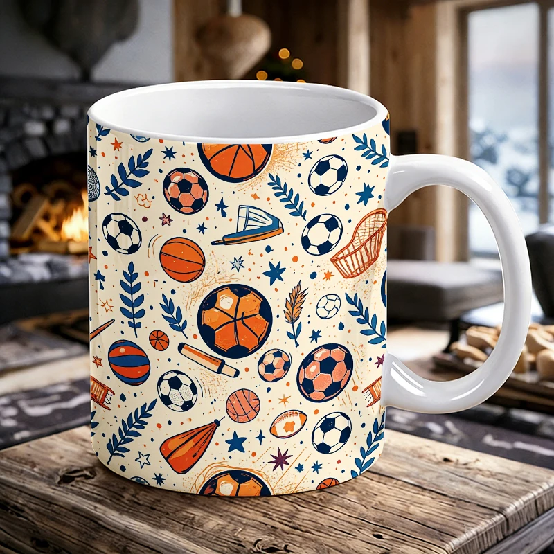 

Football Basketball Seamless Pattern Ceramic Mug, Coffee Cup, Milk Cup, Office Tea Cup, Drinking Cup, Gift for Friends