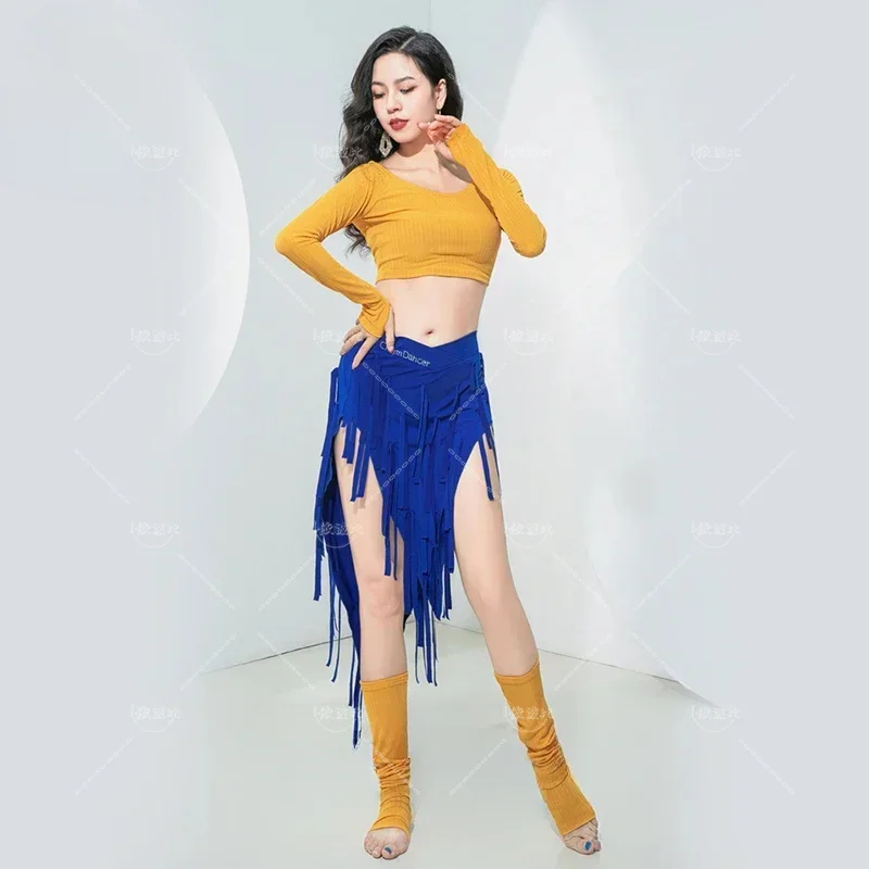 Belly Dance Costume for Women Winter Long Sleeves Top and Short Fringe Skirt Training Clothing Girl's Oriental Bellydance Wear