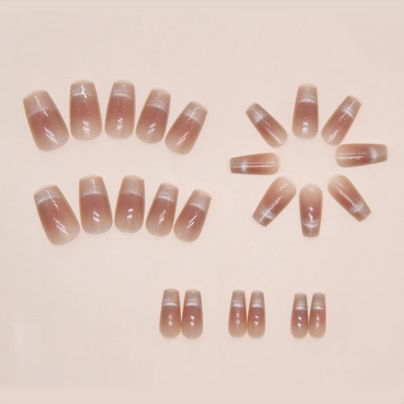 24-piece Long French Minimalist Gradient Cat Eye Fingernail with 1 Jelly Glue and 1 Nail File