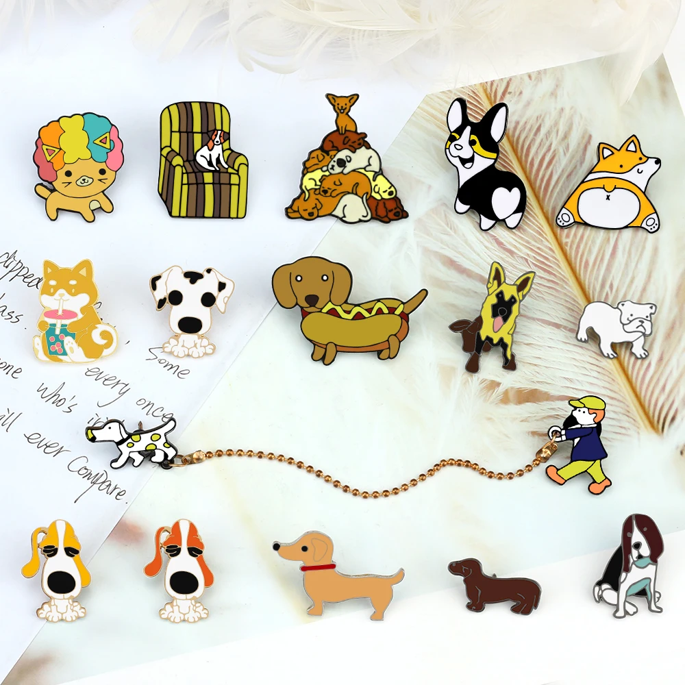 Walking Dogs!Cute Koki Dog Enamel Pin Cartoon Labrador German Shepherd Dachshund Bulldog Brooch Kids Pet Puppy Hat Badge Jewelry