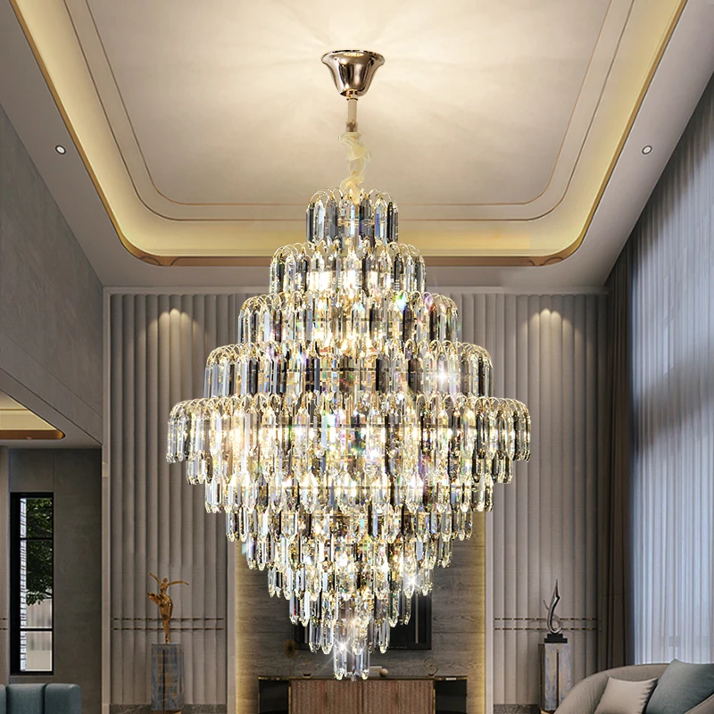 Living Room Large Chandelier Crystal Minimalist Loft Hotel Lobby Cantilevered Villa Staircase Long Chandelier