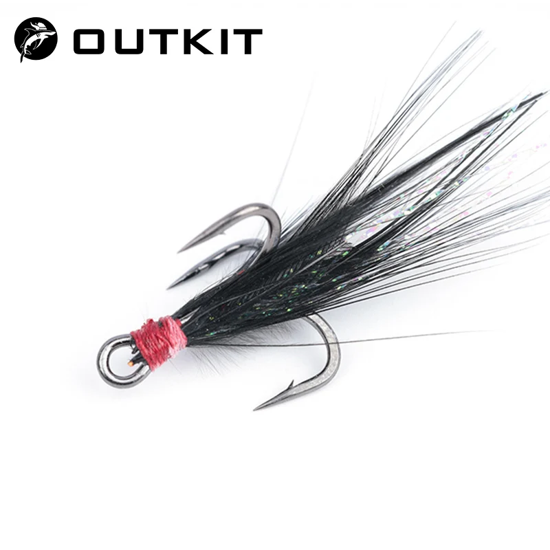OUTKIT 10pcs 6066 Lure Treble Hooks 3X Strength With Feather Tackle Fishing Hook Stronger Carbon Steel Barbed Fishhooks Pesca