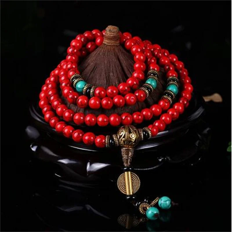 

Wholesale Buddhist 108 Mala Prayer Bracelets 8MM Red Pine Stone Beads Women Men Yoga Meditation Necklace Dropshipping