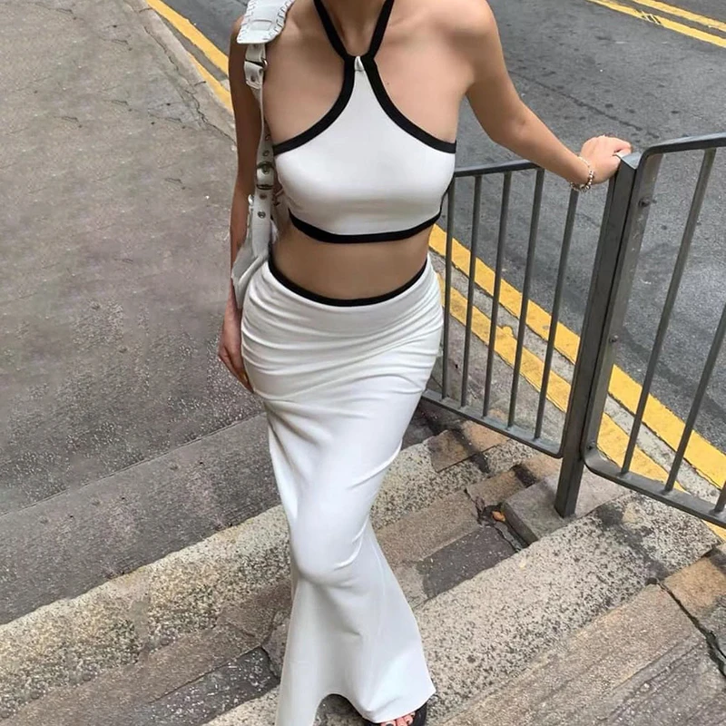 Summer Camis Skirt Women Two-Piece Set Sexy Sleeveless Halter Slim Crop Top High Waist Skirts Streetwear Partywear Sweet 2 Piece