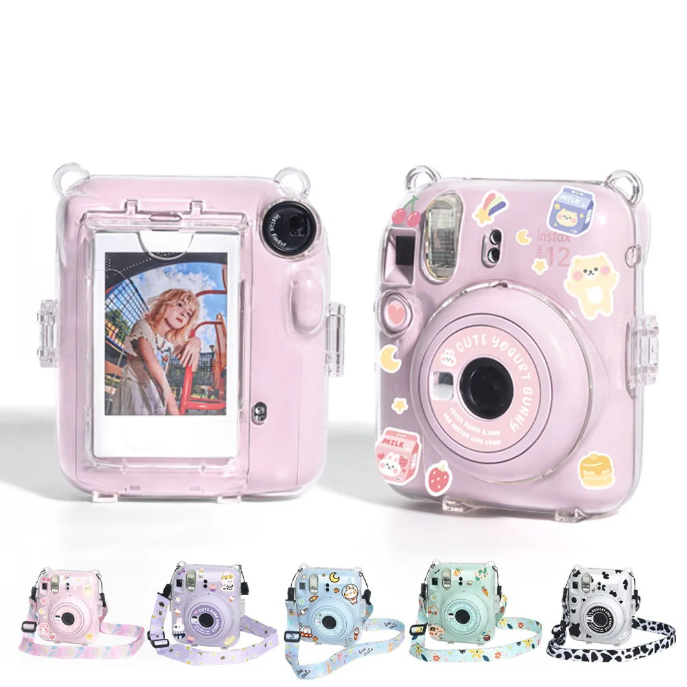 حقيبة كاميرا لـ Instax Mini 12 حافظة شفافة غطاء للحماية حزام الكتف حقيبة التخزين حزام حماية ملصق مجموعة من 3 قطع